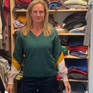 Emerald V-Neck Sweater with Colorful Sleeves